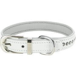 Active collier Comfort avec strass, en cuir, S–M: 27–33 cm/15 mm, blanc