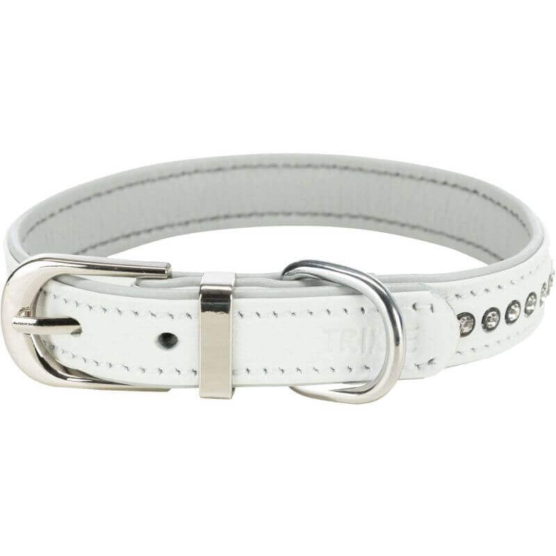 Active collier Comfort avec strass, en cuir, S–M: 27–33 cm/15 mm, blanc