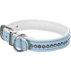 Active collier Comfort avec strass, en cuir, S–M: 27–33 cm/15 mm, bleu clair