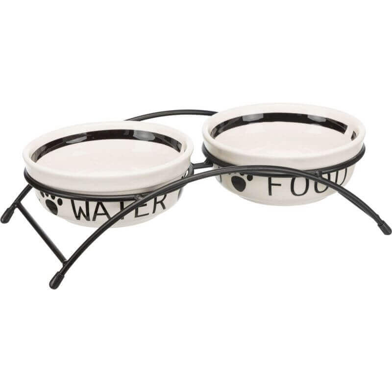 Set gamelles, en céramique/métal, 2 × 1,6 l/ø 20 cm/41 × 10 × 20 cm, blanc/noir