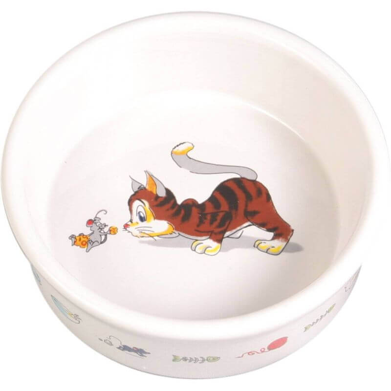 Gamelle, chat avec souris, en céramique, 0,2 l/ø 12 cm, blanc