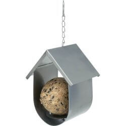 Mangeoire boule de graisse avec toit, en métal, 14 × 19 × 12 cm, argent
