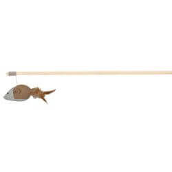 Canne à pêche souris/plumes, en bois/jute/toile, 50 cm