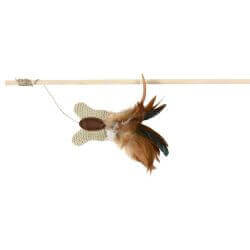 Canne à pêche souris/plumes, en bois/jute/toile, 50 cm