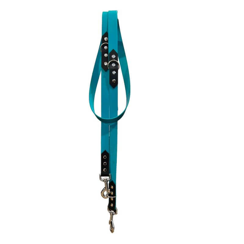 Laisse 3 positions pour Chien Teal et noire en matière BioThane®, Largeur 25mm