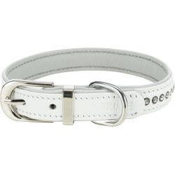 Active collier Comfort avec strass, en cuir, S: 23–28 cm/15 mm, blanc