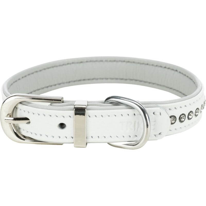 Active collier Comfort avec strass, en cuir, S: 23–28 cm/15 mm, blanc