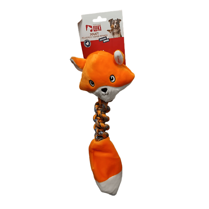 JOUET PELUCHE & CORDE RENARD MARRON 45x15cm SONORE