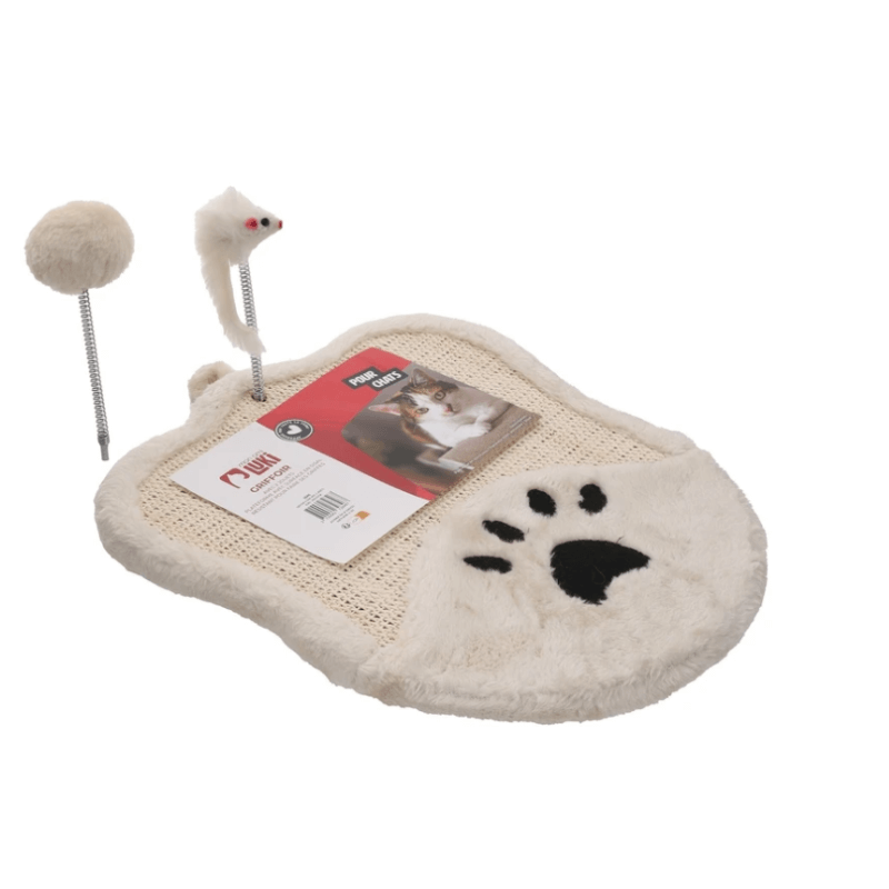 GRIFFOIR A CHAT + 2 JOUETS ECRU 41x33x2cm