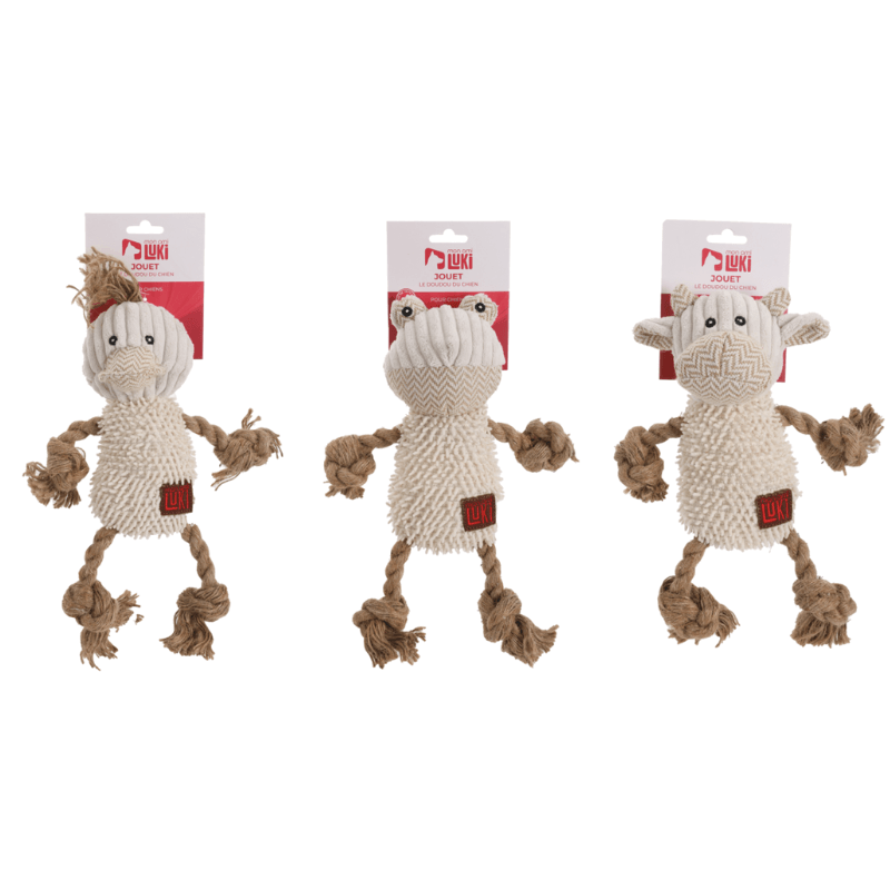 JOUET PELUCHE & CORDE FORME CANARD MOUTON & GRENOUILLE 30cm