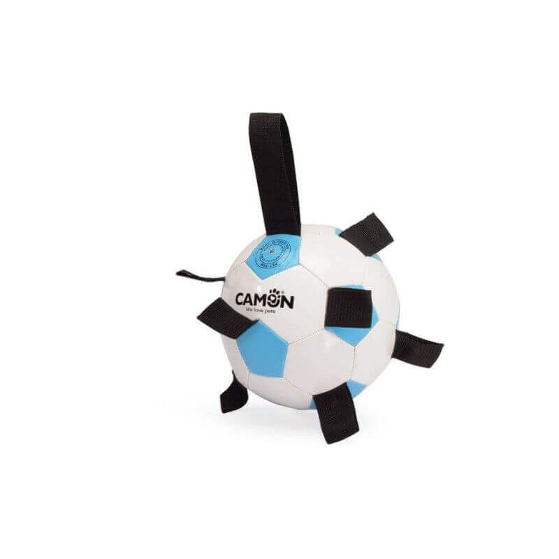 Ballon de foot pour chiens en cuir PU - Taille 5 avec poignées en polyester, blanc/azur 4p.