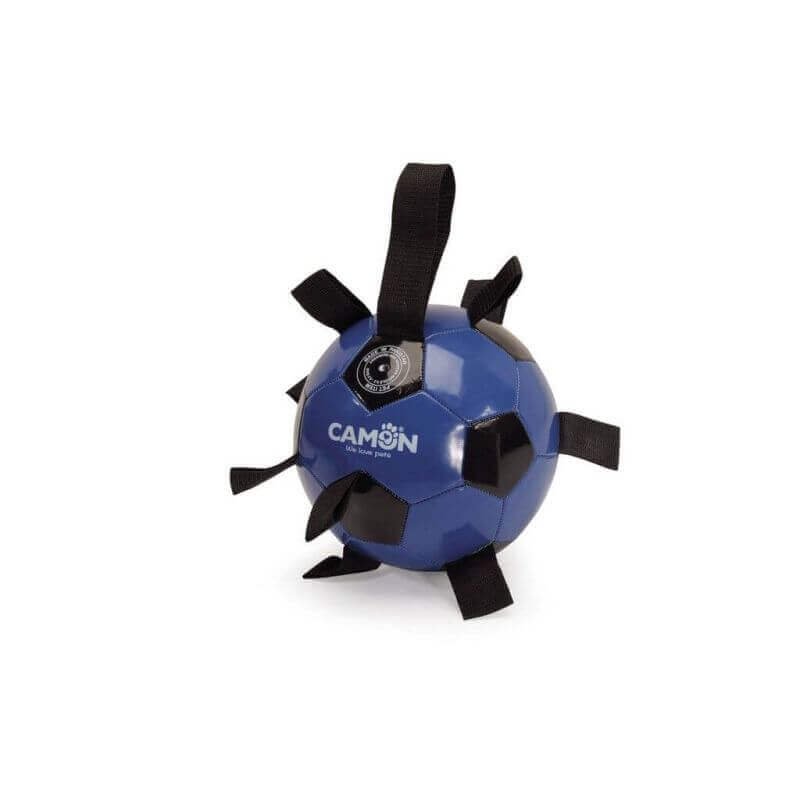 Ballon de foot pour chiens en cuir PU, taille 5, avec poignées en polyester, noir/bleu Ballon de foot pour chiens en cuir PU, taille 5, avec poignées en polyester, noir/bleu