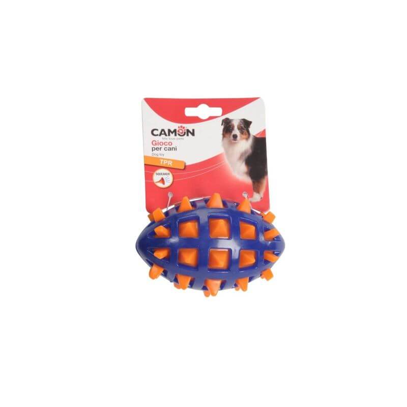 Jouet pour chiens - Ballon de rugby en TPR avec insert à pointes et couineur, 2 couleurs, environ 13cm Jouet pour chiens - Ballon de rugby en TPR avec insert à pointes et couineur, 2 couleurs, environ 13cm