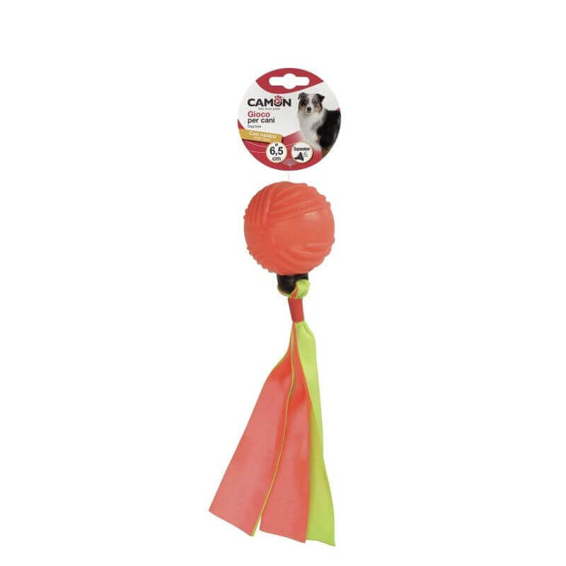 Jouet pour chiens - Balle en TPE de 65mm (2 couleurs) avec ruban en polyester et squeaker - 23cm Jouet pour chiens - Balle en TPE de 65mm (2 couleurs) avec ruban en polyester et squeaker - 23cm