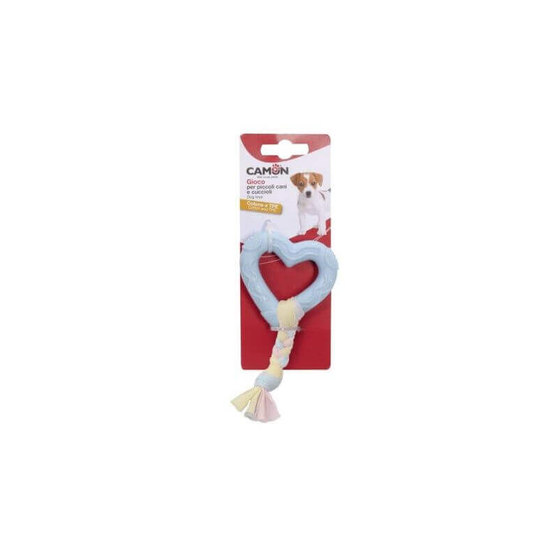 Jouet pour chiots - Coeur en TPE (2 couleurs) avec tresse en coton Jouet pour chiots - Coeur en TPE (2 couleurs) avec tresse en coton