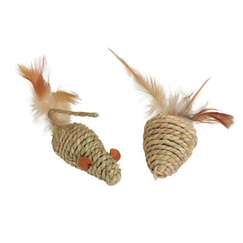 Jouet pour chats - Souris entrelacée avec plumes et grelot. Jouet pour chats - Souris entrelacée avec plumes et grelot.