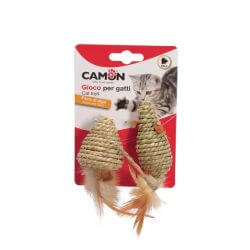 Jouet pour chats - Souris entrelacée avec plumes et grelot.